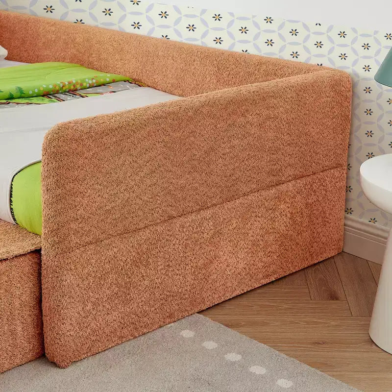 GDFStudio Karina Modern Twin Size Boucle Upholstered Kids Bed with Guardrails, 1 Drawer and 1 Step Stool