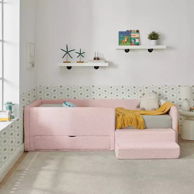 GDFStudio Karina Modern Twin Size Boucle Upholstered Kids Bed with Guardrails, 1 Drawer and 1 Step Stool