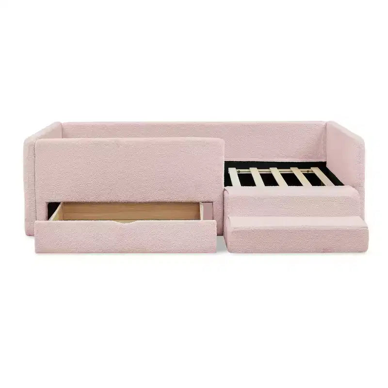 GDFStudio Karina Modern Twin Size Boucle Upholstered Kids Bed with Guardrails, 1 Drawer and 1 Step Stool