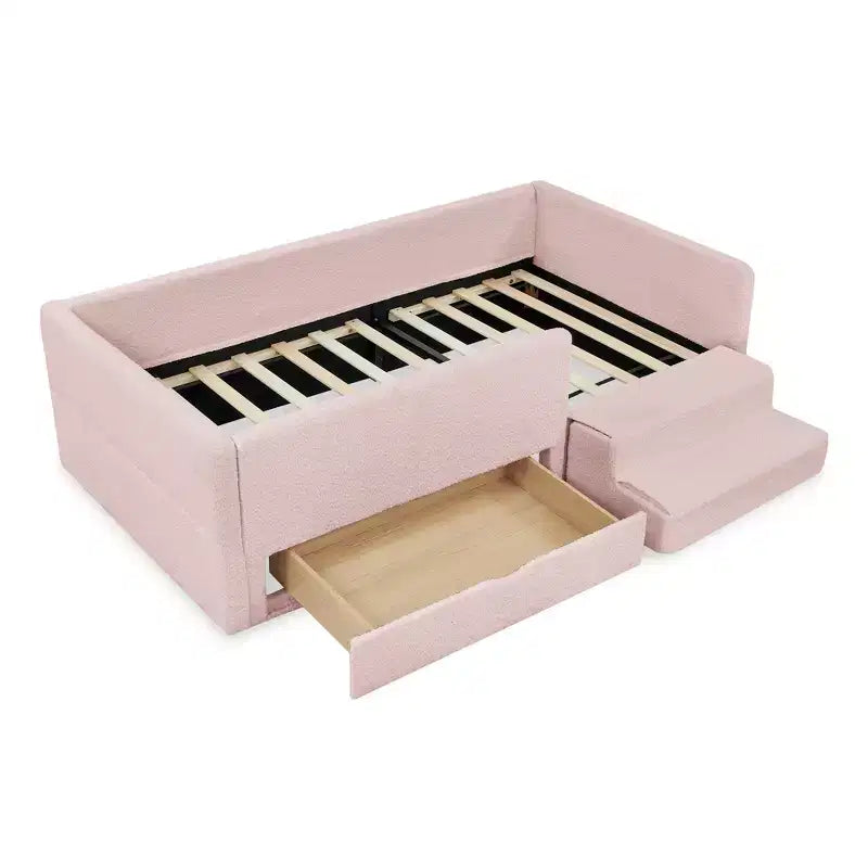 GDFStudio Karina Modern Twin Size Boucle Upholstered Kids Bed with Guardrails, 1 Drawer and 1 Step Stool