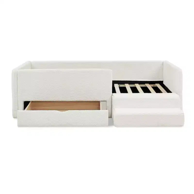 GDFStudio Karina Modern Twin Size Boucle Upholstered Kids Bed with Guardrails, 1 Drawer and 1 Step Stool