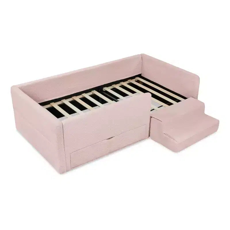 GDFStudio Karina Modern Twin Size Boucle Upholstered Kids Bed with Guardrails, 1 Drawer and 1 Step Stool
