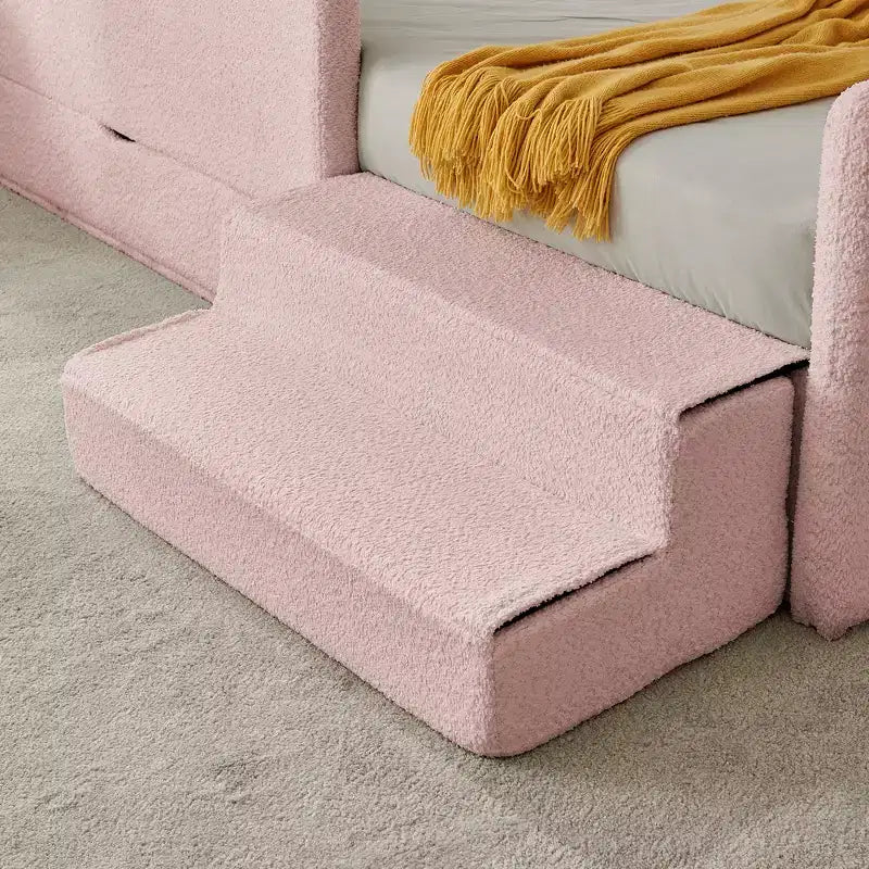 GDFStudio Karina Modern Twin Size Boucle Upholstered Kids Bed with Guardrails, 1 Drawer and 1 Step Stool
