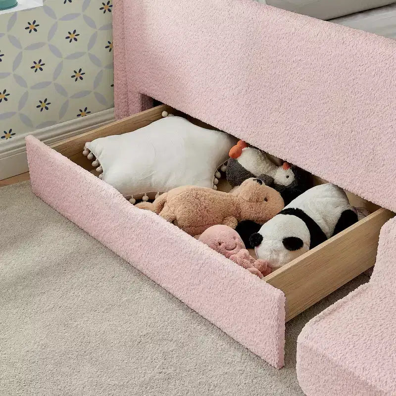 GDFStudio Karina Modern Twin Size Boucle Upholstered Kids Bed with Guardrails, 1 Drawer and 1 Step Stool