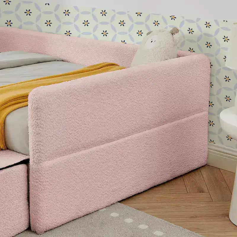 GDFStudio Karina Modern Twin Size Boucle Upholstered Kids Bed with Guardrails, 1 Drawer and 1 Step Stool