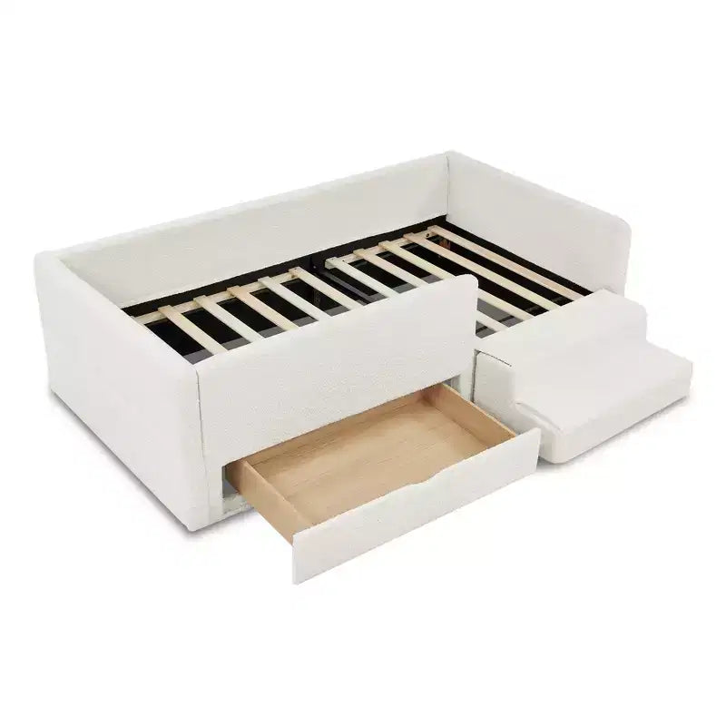 GDFStudio Karina Modern Twin Size Boucle Upholstered Kids Bed with Guardrails, 1 Drawer and 1 Step Stool
