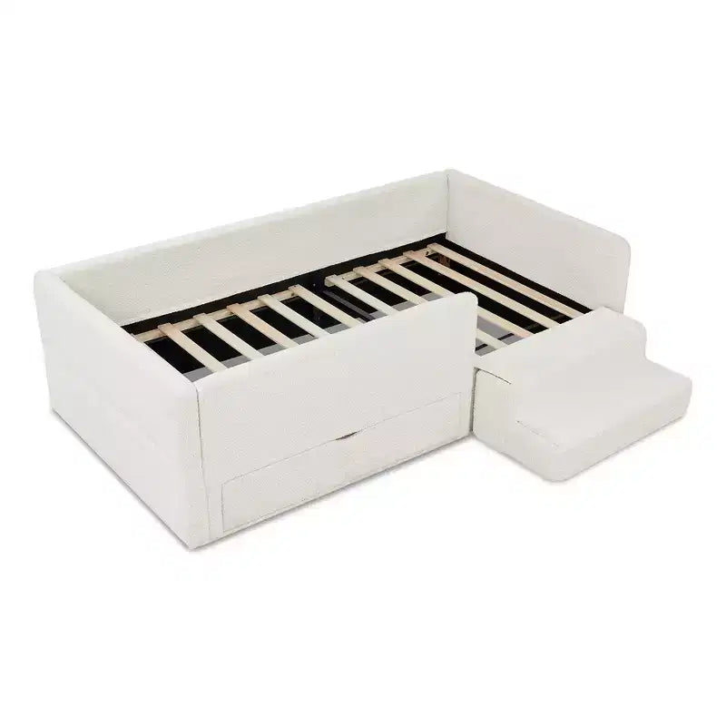 GDFStudio Karina Modern Twin Size Boucle Upholstered Kids Bed with Guardrails, 1 Drawer and 1 Step Stool