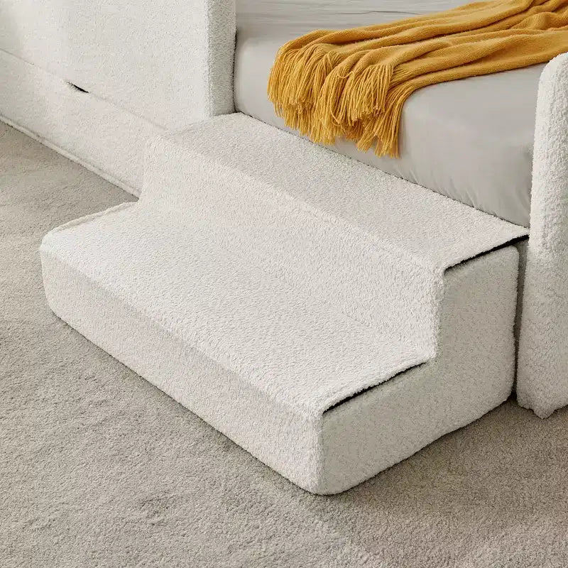 GDFStudio Karina Modern Twin Size Boucle Upholstered Kids Bed with Guardrails, 1 Drawer and 1 Step Stool