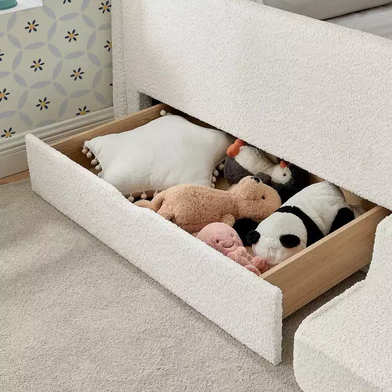GDFStudio Karina Modern Twin Size Boucle Upholstered Kids Bed with Guardrails, 1 Drawer and 1 Step Stool
