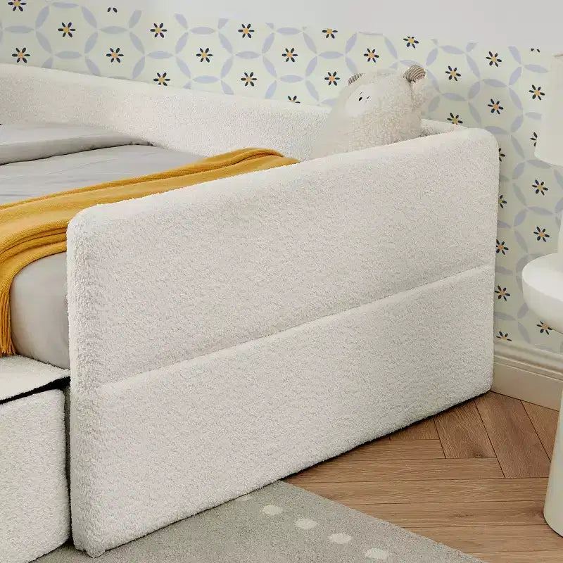 GDFStudio Karina Modern Twin Size Boucle Upholstered Kids Bed with Guardrails, 1 Drawer and 1 Step Stool