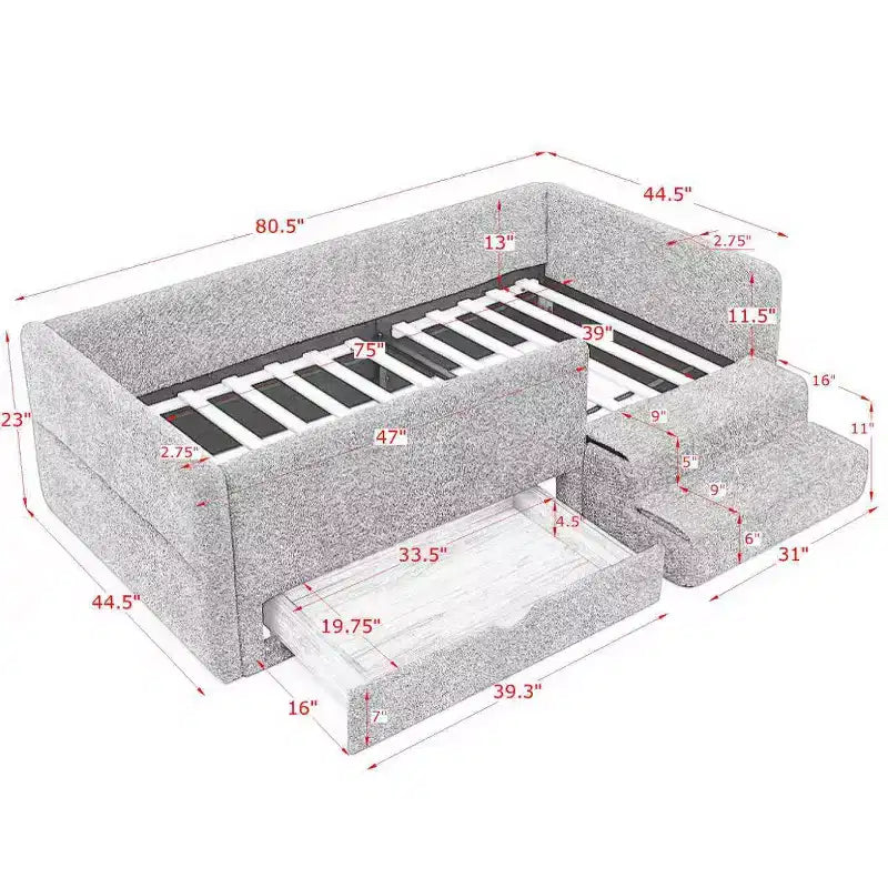 GDFStudio Karina Modern Twin Size Boucle Upholstered Kids Bed with Guardrails, 1 Drawer and 1 Step Stool