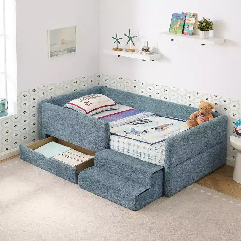 GDFStudio Karina Modern Twin Size Boucle Upholstered Kids Bed with Guardrails, 1 Drawer and 1 Step Stool