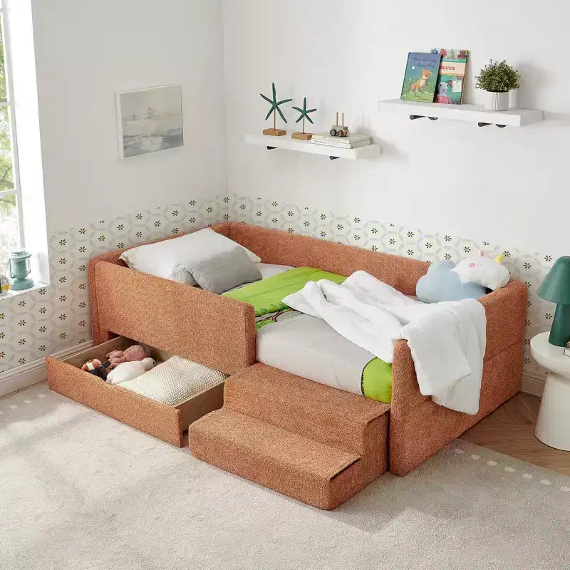 GDFStudio Karina Modern Twin Size Boucle Upholstered Kids Bed with Guardrails, 1 Drawer and 1 Step Stool