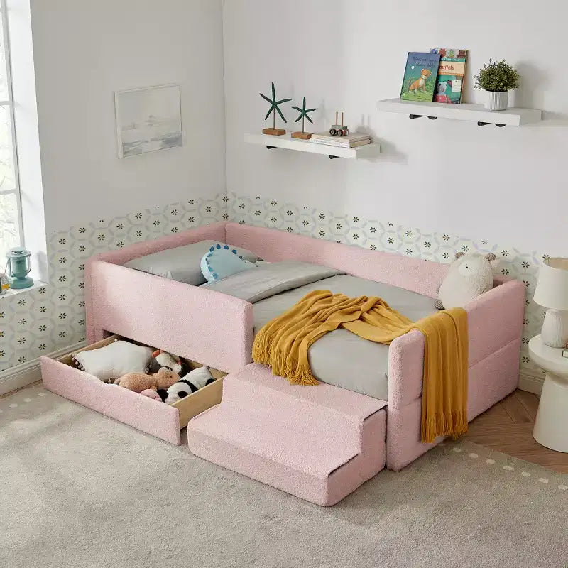 GDFStudio Karina Modern Twin Size Boucle Upholstered Kids Bed with Guardrails, 1 Drawer and 1 Step Stool