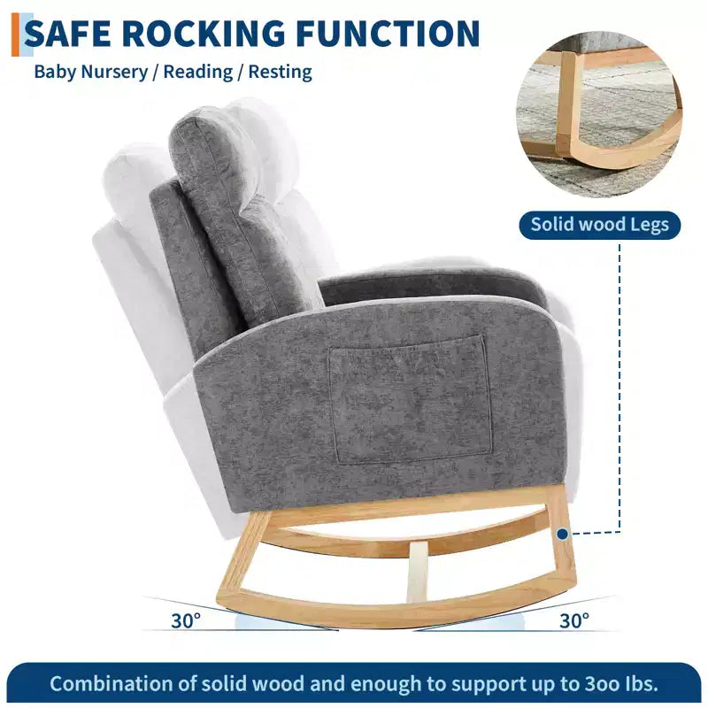 40.9 Stylish Teddy Fleece Rocking Accent Chair, High Back Design with Armrests & Side Storage, Solid Wood Legs for Bedroom
