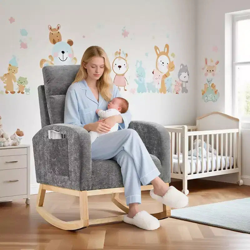 40.9 Stylish Teddy Fleece Rocking Accent Chair, High Back Design with Armrests & Side Storage, Solid Wood Legs for Bedroom