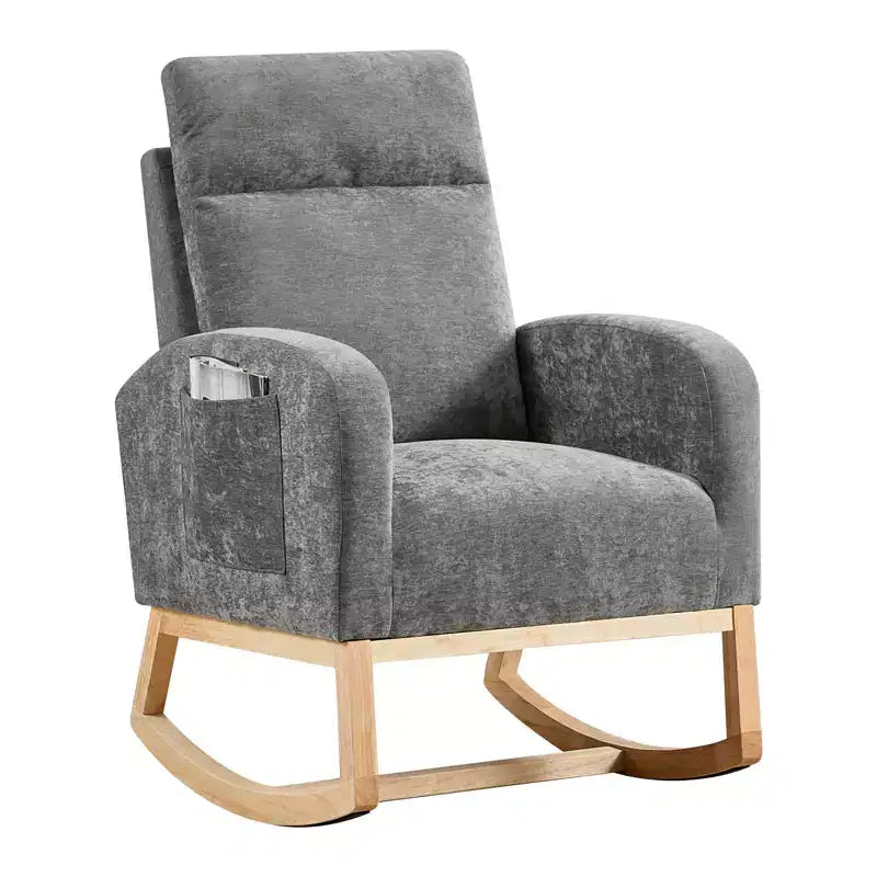 40.9 Stylish Teddy Fleece Rocking Accent Chair, High Back Design with Armrests & Side Storage, Solid Wood Legs for Bedroom