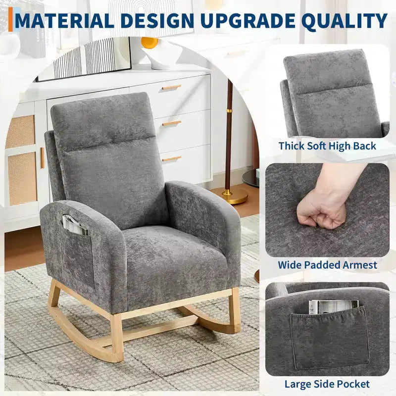 40.9 Stylish Teddy Fleece Rocking Accent Chair, High Back Design with Armrests & Side Storage, Solid Wood Legs for Bedroom