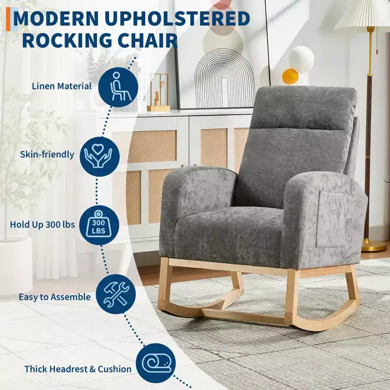 40.9 Stylish Teddy Fleece Rocking Accent Chair, High Back Design with Armrests & Side Storage, Solid Wood Legs for Bedroom
