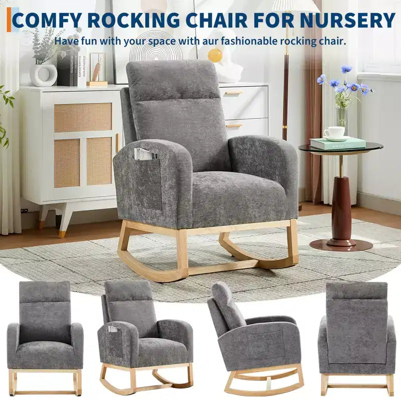 40.9 Stylish Teddy Fleece Rocking Accent Chair, High Back Design with Armrests & Side Storage, Solid Wood Legs for Bedroom