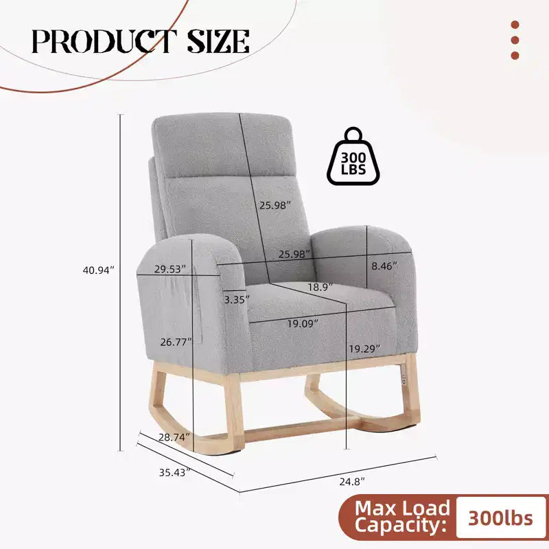 40.9 Stylish Teddy Fleece Rocking Accent Chair, High Back Design with Armrests & Side Storage, Solid Wood Legs for Bedroom