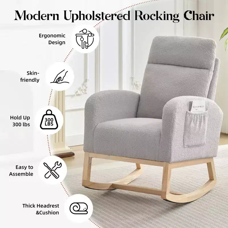 40.9 Stylish Teddy Fleece Rocking Accent Chair, High Back Design with Armrests & Side Storage, Solid Wood Legs for Bedroom