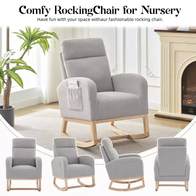 40.9 Stylish Teddy Fleece Rocking Accent Chair, High Back Design with Armrests & Side Storage, Solid Wood Legs for Bedroom