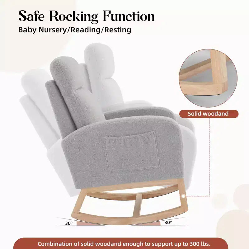 40.9 Stylish Teddy Fleece Rocking Accent Chair, High Back Design with Armrests & Side Storage, Solid Wood Legs for Bedroom