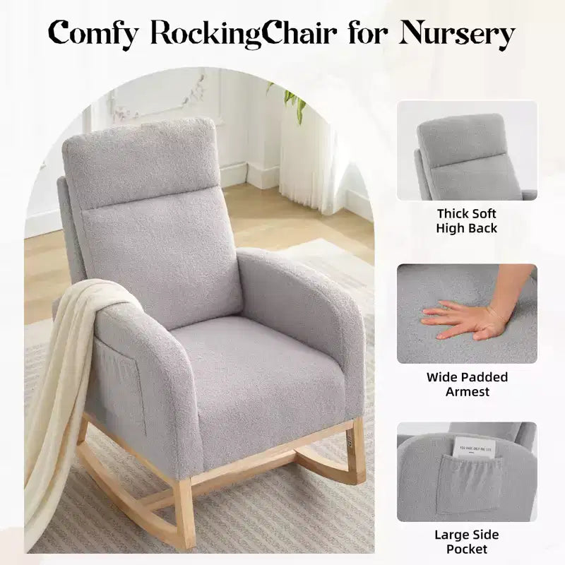 40.9 Stylish Teddy Fleece Rocking Accent Chair, High Back Design with Armrests & Side Storage, Solid Wood Legs for Bedroom