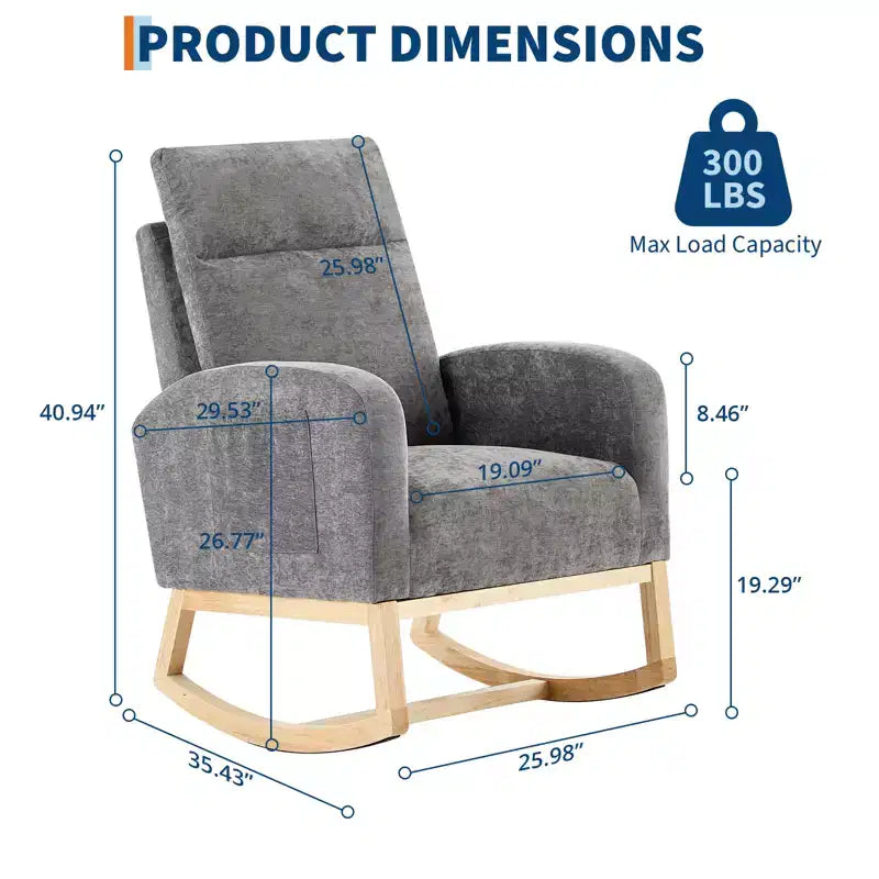 40.9 Stylish Teddy Fleece Rocking Accent Chair, High Back Design with Armrests & Side Storage, Solid Wood Legs for Bedroom