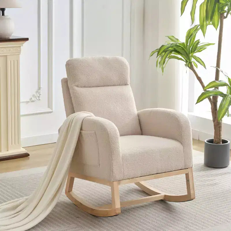 40.9 Stylish Teddy Fleece Rocking Accent Chair, High Back Design with Armrests & Side Storage, Solid Wood Legs for Bedroom