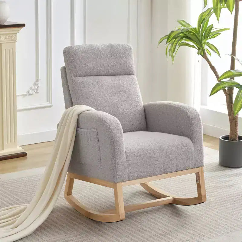 40.9 Stylish Teddy Fleece Rocking Accent Chair, High Back Design with Armrests & Side Storage, Solid Wood Legs for Bedroom