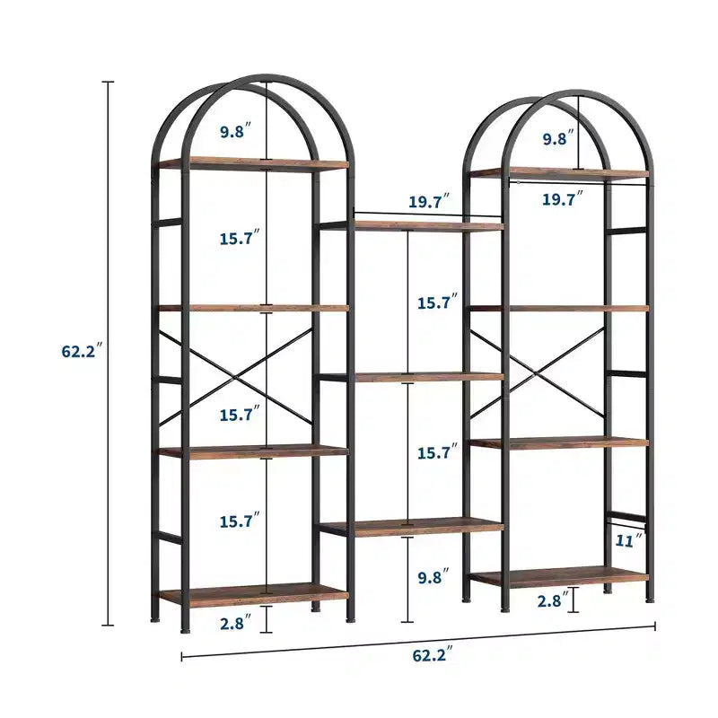 Triple Arched 4-Tier Bookshelf, Tall Wood & Metal Open Display Bookcase w/ 11 Shelves. Wide Standing Storage Rack for Home Office & Living Room