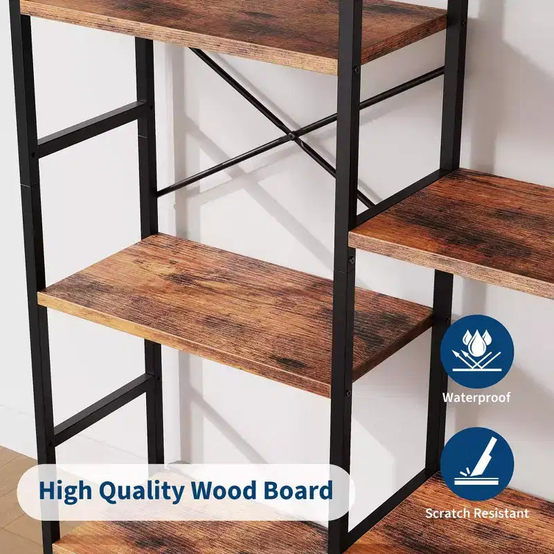 Triple Arched 4-Tier Bookshelf, Tall Wood & Metal Open Display Bookcase w/ 11 Shelves. Wide Standing Storage Rack for Home Office & Living Room