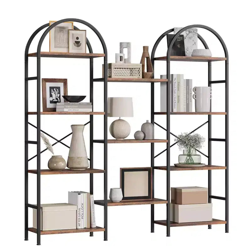 Triple Arched 4-Tier Bookshelf, Tall Wood & Metal Open Display Bookcase w/ 11 Shelves. Wide Standing Storage Rack for Home Office & Living Room