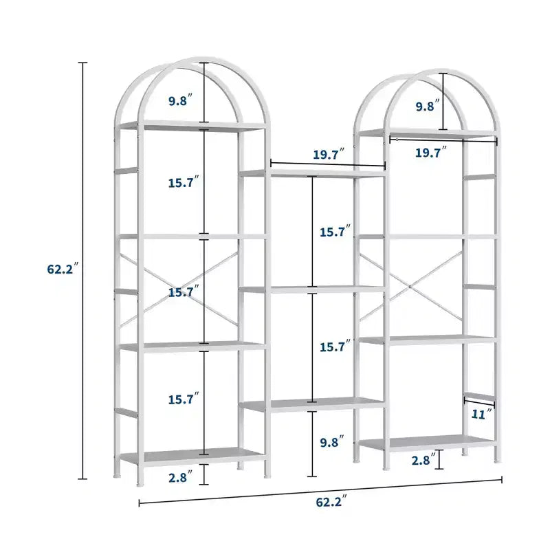 Triple Arched 4-Tier Bookshelf, Tall Wood & Metal Open Display Bookcase w/ 11 Shelves. Wide Standing Storage Rack for Home Office & Living Room