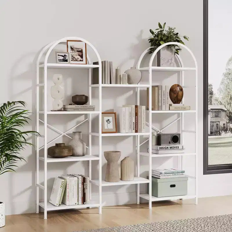 Triple Arched 4-Tier Bookshelf, Tall Wood & Metal Open Display Bookcase w/ 11 Shelves. Wide Standing Storage Rack for Home Office & Living Room