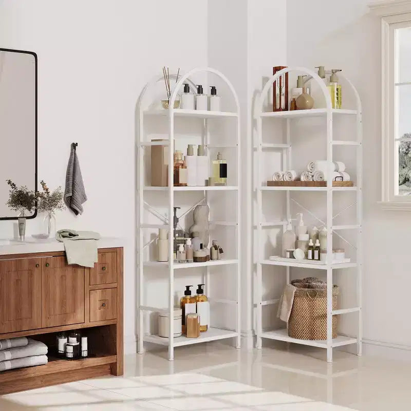 Triple Arched 4-Tier Bookshelf, Tall Wood & Metal Open Display Bookcase w/ 11 Shelves. Wide Standing Storage Rack for Home Office & Living Room