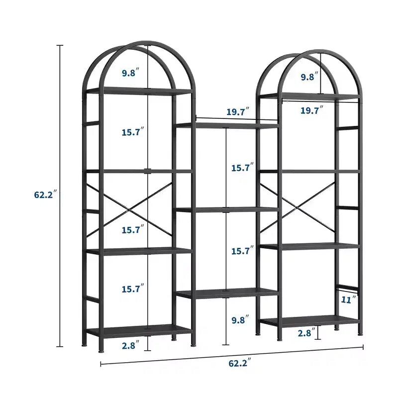 Triple Arched 4-Tier Bookshelf, Tall Wood & Metal Open Display Bookcase w/ 11 Shelves. Wide Standing Storage Rack for Home Office & Living Room