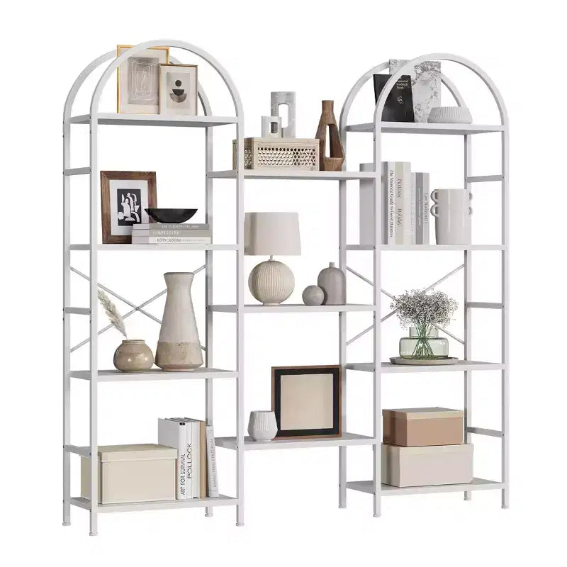 Triple Arched 4-Tier Bookshelf, Tall Wood & Metal Open Display Bookcase w/ 11 Shelves. Wide Standing Storage Rack for Home Office & Living Room