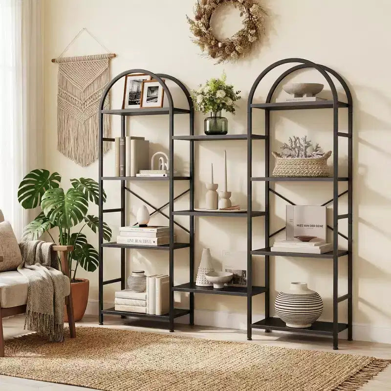 Triple Arched 4-Tier Bookshelf, Tall Wood & Metal Open Display Bookcase w/ 11 Shelves. Wide Standing Storage Rack for Home Office & Living Room