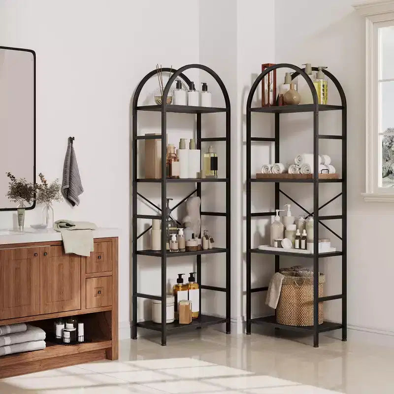 Triple Arched 4-Tier Bookshelf, Tall Wood & Metal Open Display Bookcase w/ 11 Shelves. Wide Standing Storage Rack for Home Office & Living Room