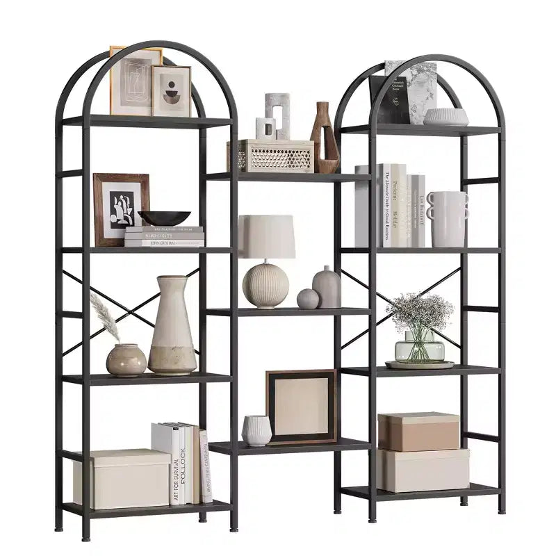 Triple Arched 4-Tier Bookshelf, Tall Wood & Metal Open Display Bookcase w/ 11 Shelves. Wide Standing Storage Rack for Home Office & Living Room