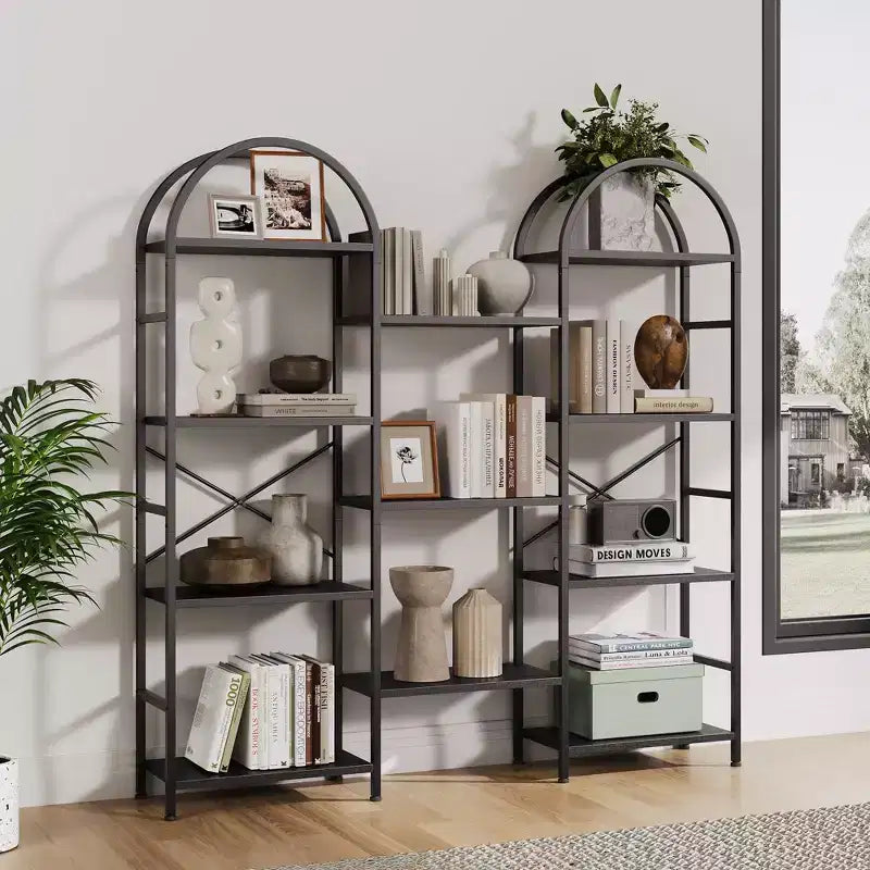 Triple Arched 4-Tier Bookshelf, Tall Wood & Metal Open Display Bookcase w/ 11 Shelves. Wide Standing Storage Rack for Home Office & Living Room
