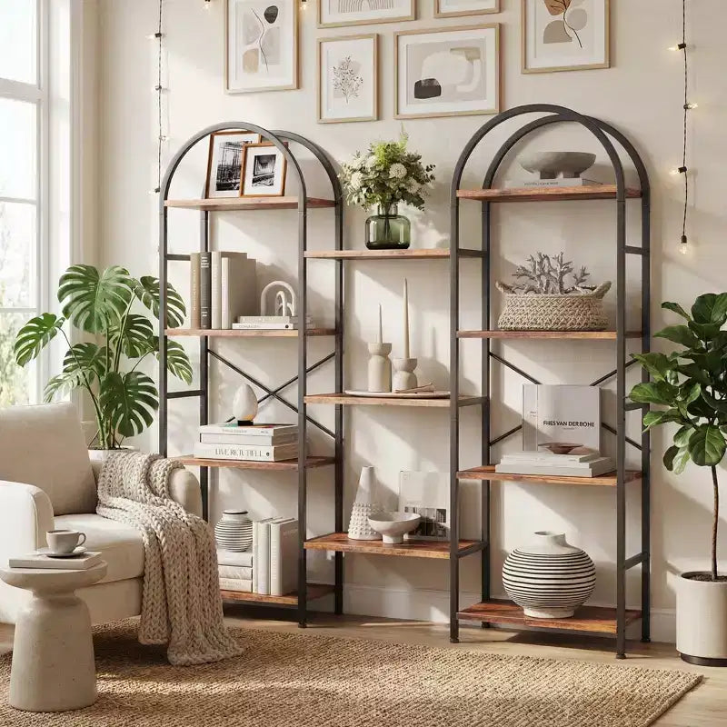 Triple Arched 4-Tier Bookshelf, Tall Wood & Metal Open Display Bookcase w/ 11 Shelves. Wide Standing Storage Rack for Home Office & Living Room