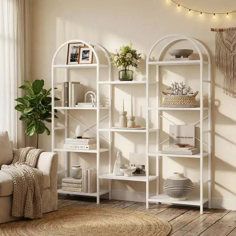 Triple Arched 4-Tier Bookshelf, Tall Wood & Metal Open Display Bookcase w/ 11 Shelves. Wide Standing Storage Rack for Home Office & Living Room
