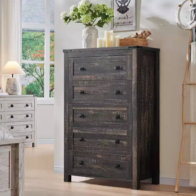 Farmhouse 5 Drawers Dresser, 48 Tall Wood Rustic Wide Chest of Drawers, Storage Dressers Organizer for Bedroom, Living Room