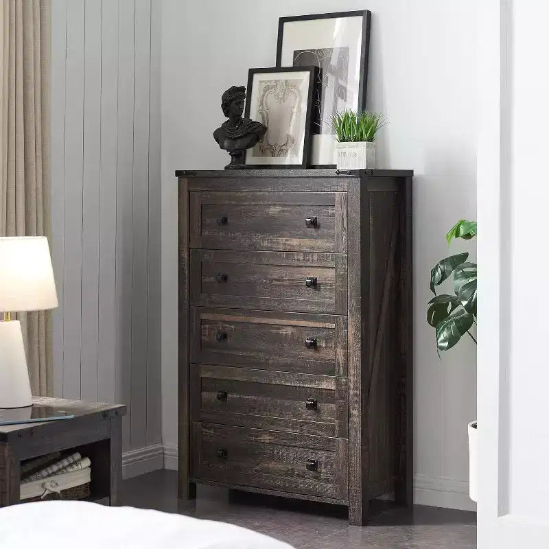 Farmhouse 5 Drawers Dresser, 48 Tall Wood Rustic Wide Chest of Drawers, Storage Dressers Organizer for Bedroom, Living Room
