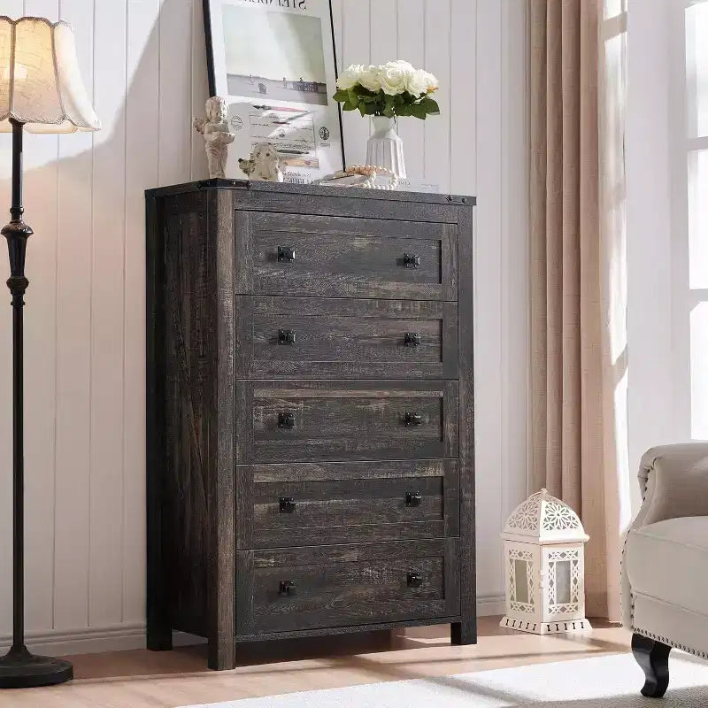 Farmhouse 5 Drawers Dresser, 48 Tall Wood Rustic Wide Chest of Drawers, Storage Dressers Organizer for Bedroom, Living Room