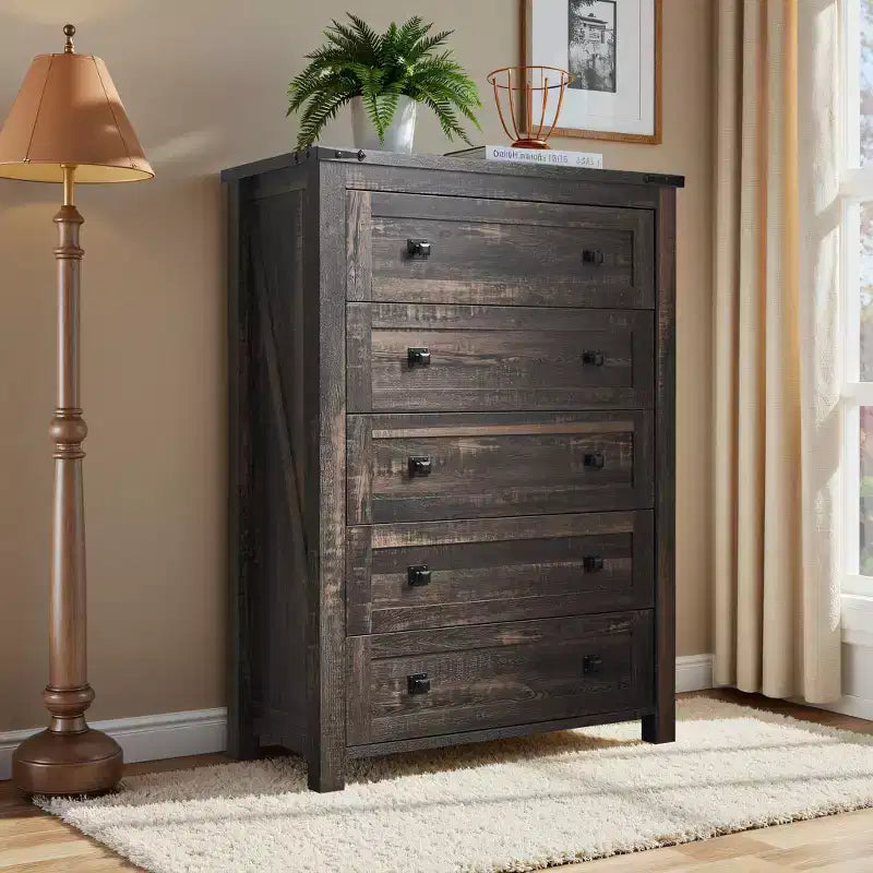 Farmhouse 5 Drawers Dresser, 48 Tall Wood Rustic Wide Chest of Drawers, Storage Dressers Organizer for Bedroom, Living Room